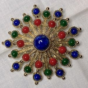 Vintage Sarah Coventry Carnival Brooch Gold Red Blue Green Signed